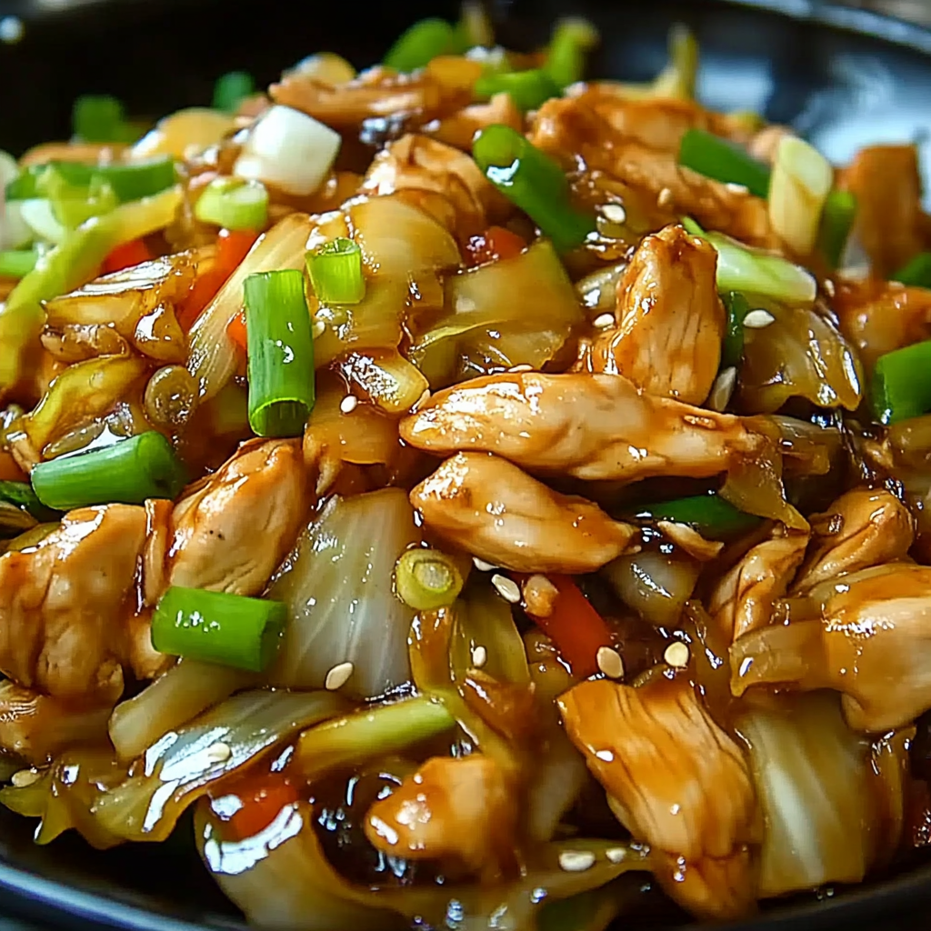 A bowl of stir fry with chicken, onions, and peppers, served with a dipping sauce.