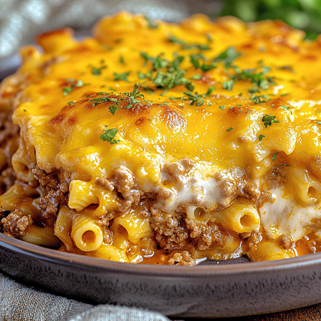 A delicious casserole dish filled with macaroni and meat, topped with cheese and herbs.