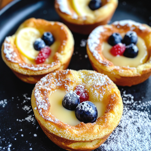Three mini Dutch baby pancakes with blueberries and lemon on top, ready to be enjoyed.