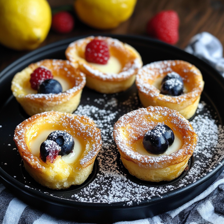 A plate of four small desserts, each with a blueberry and a raspberry on top, is covered in powdered sugar.