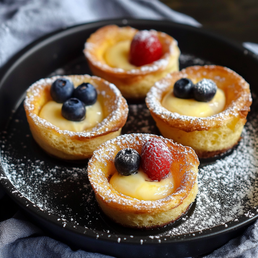 A plate of four delicious desserts, each topped with a blueberry and a raspberry, is presented on a table.