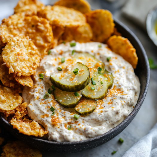 A bowl of Fried Pickle Ranch Dip with a generous amount of pickles and ranch dressing.