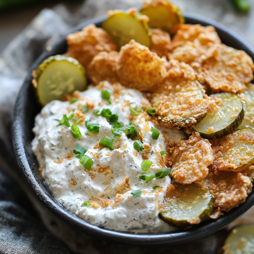 A bowl of Fried Pickle Ranch Dip with a generous amount of pickles and a dollop of sour cream.