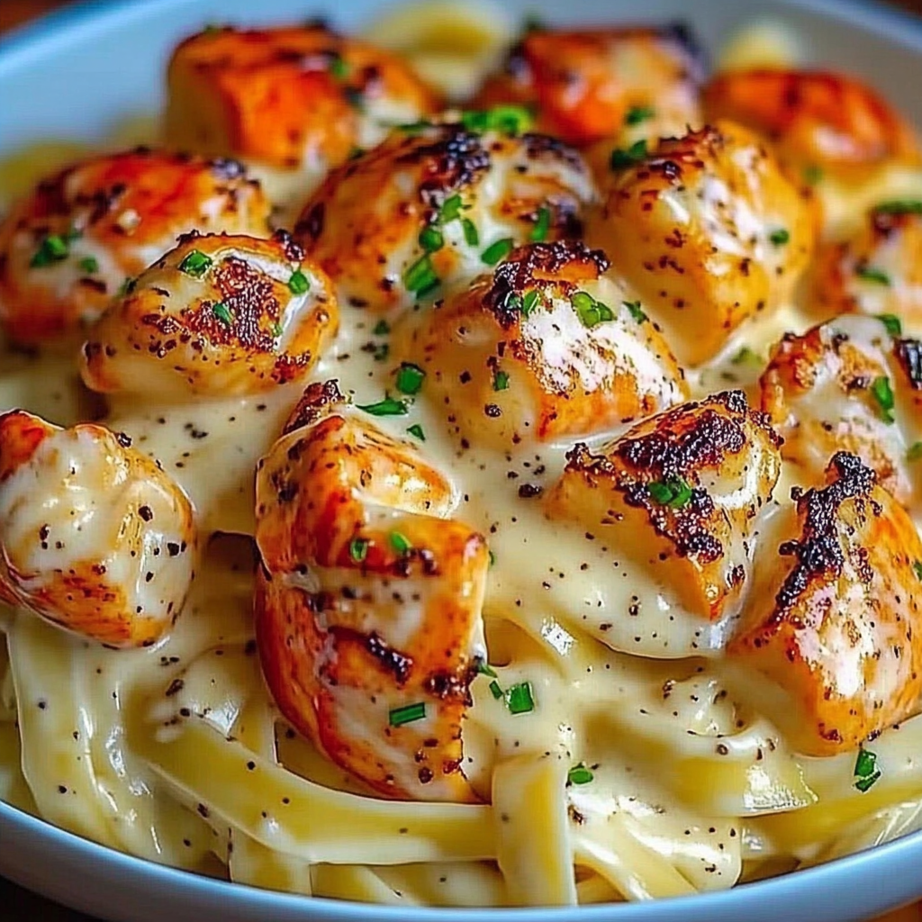 A bowl of lobster Alfredo pasta with a generous amount of cheese and herbs.