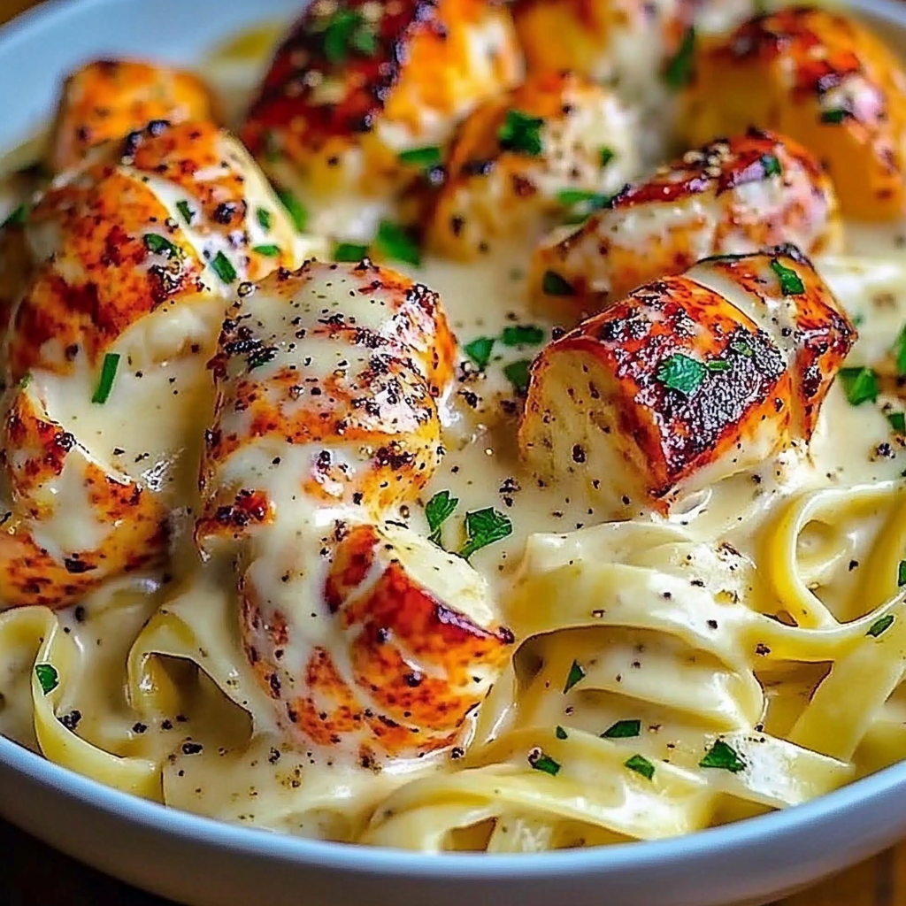A bowl of pasta with shrimp and cheese on top.