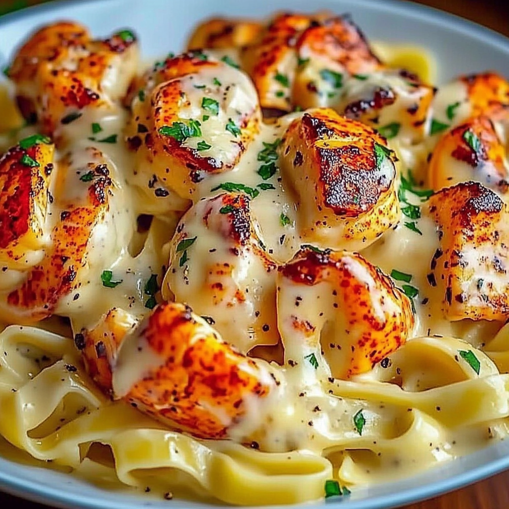 A bowl of pasta with shrimp and cheese on top.