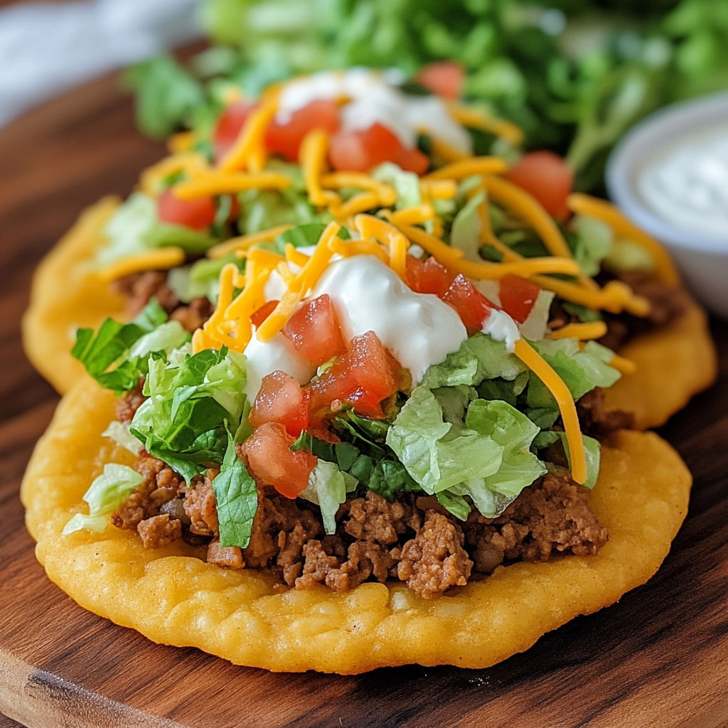 A delicious Fry Bread Taco with meat, lettuce, tomatoes, and cheese.