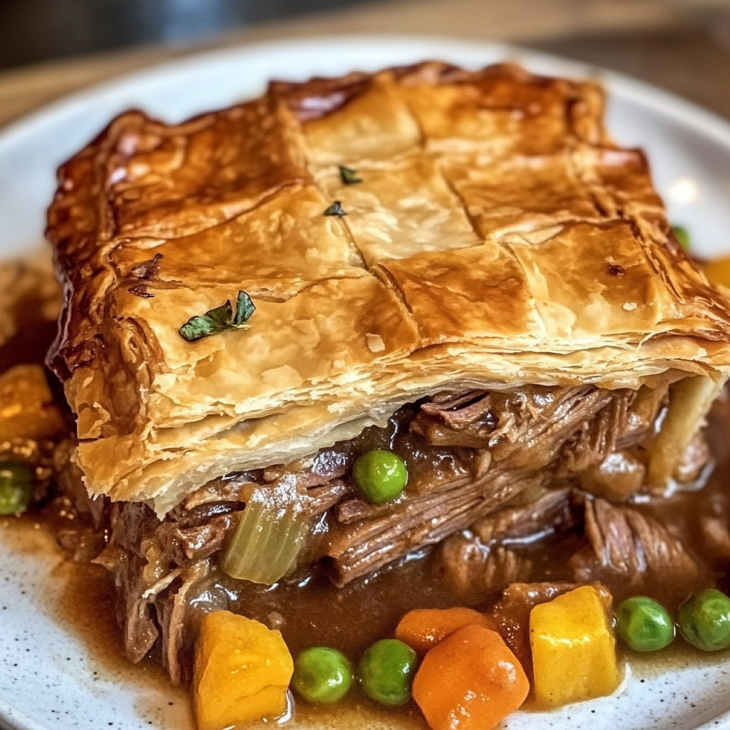 A delicious Brisket Pot Pie is served on a plate, topped with a variety of vegetables and a savory sauce.