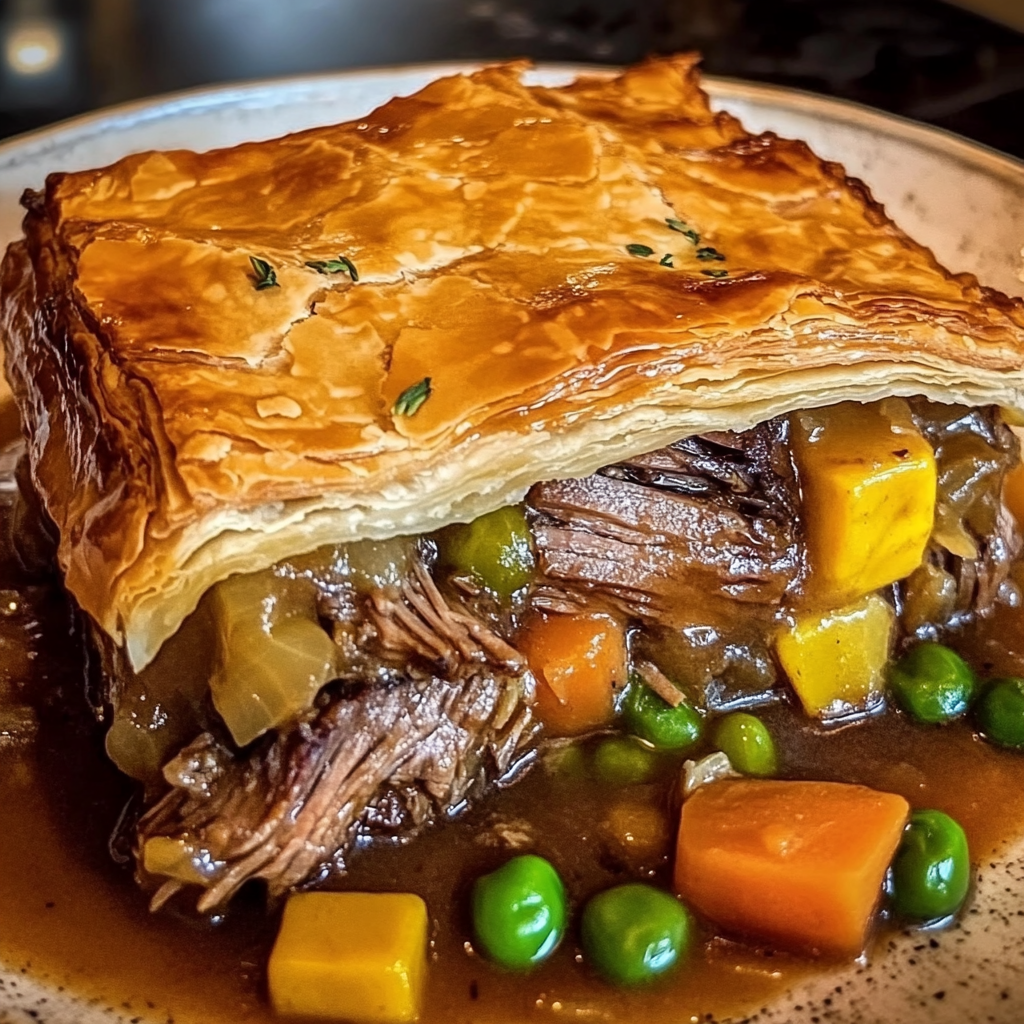 A delicious brisket pot pie served on a plate.