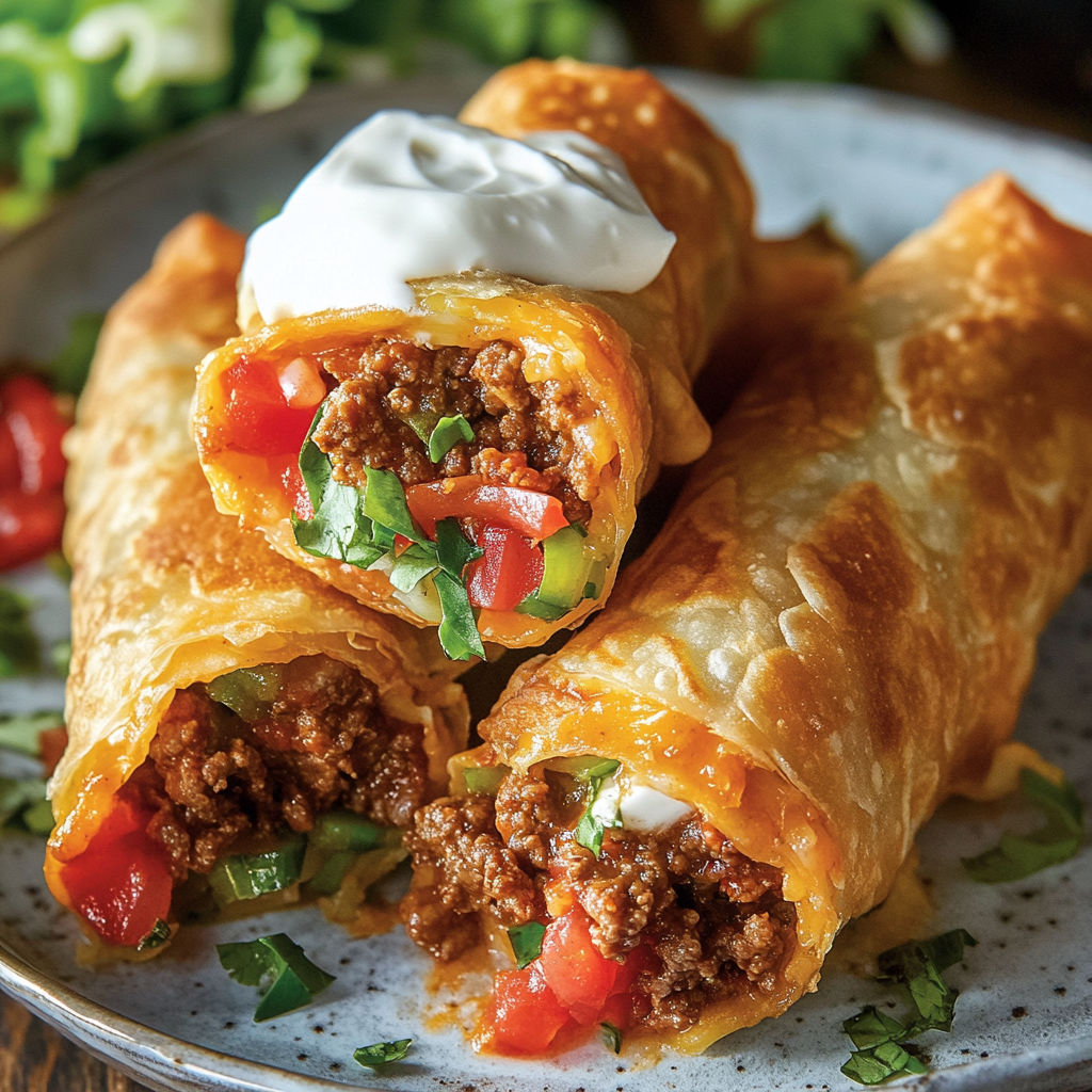A plate of nacho egg rolls with white cheese and tomatoes.