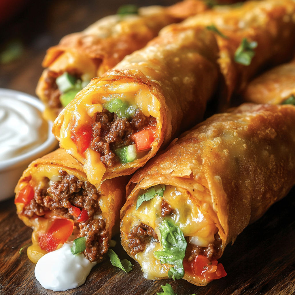 A plate of nacho egg rolls with white sauce on the side.