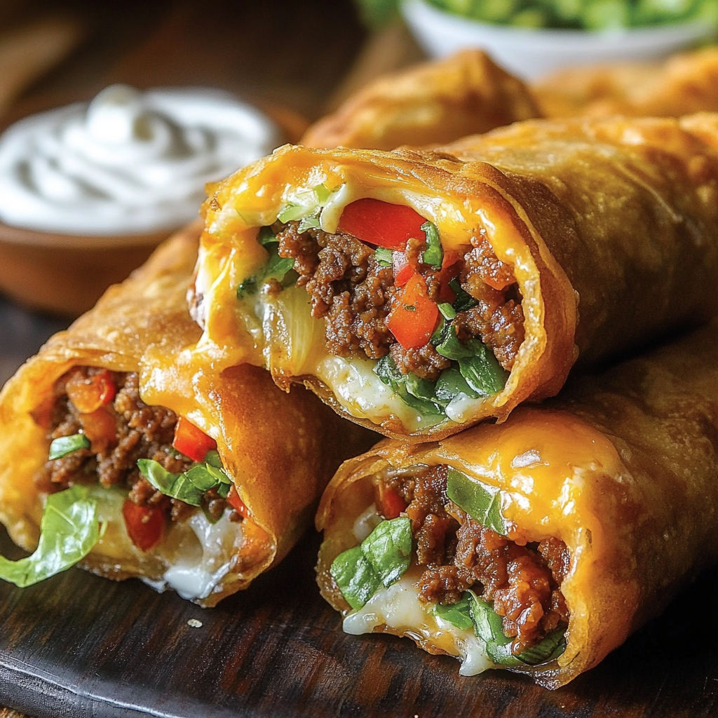 A delicious plate of nacho egg rolls, filled with cheese and meat, sits on a table.