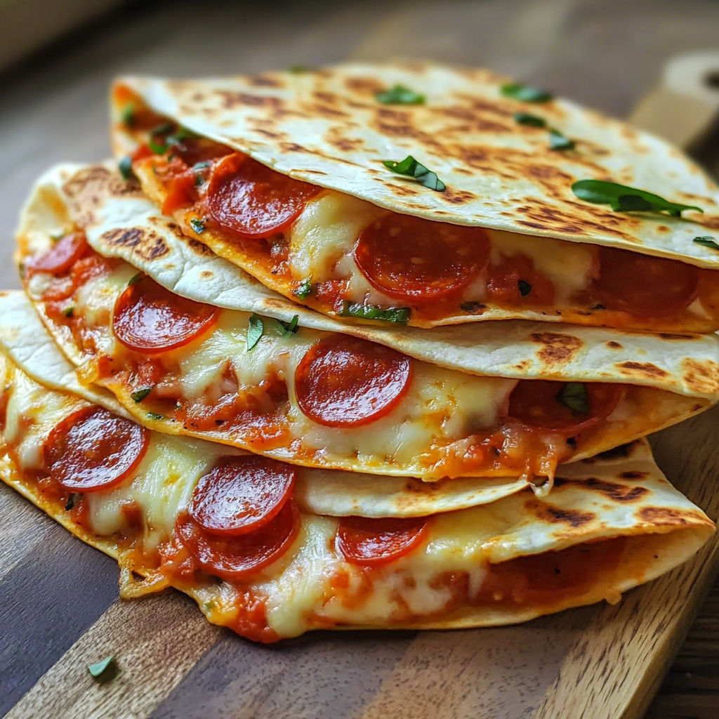 A stack of Pepperoni Pizza Quesadillas on a wooden cutting board.