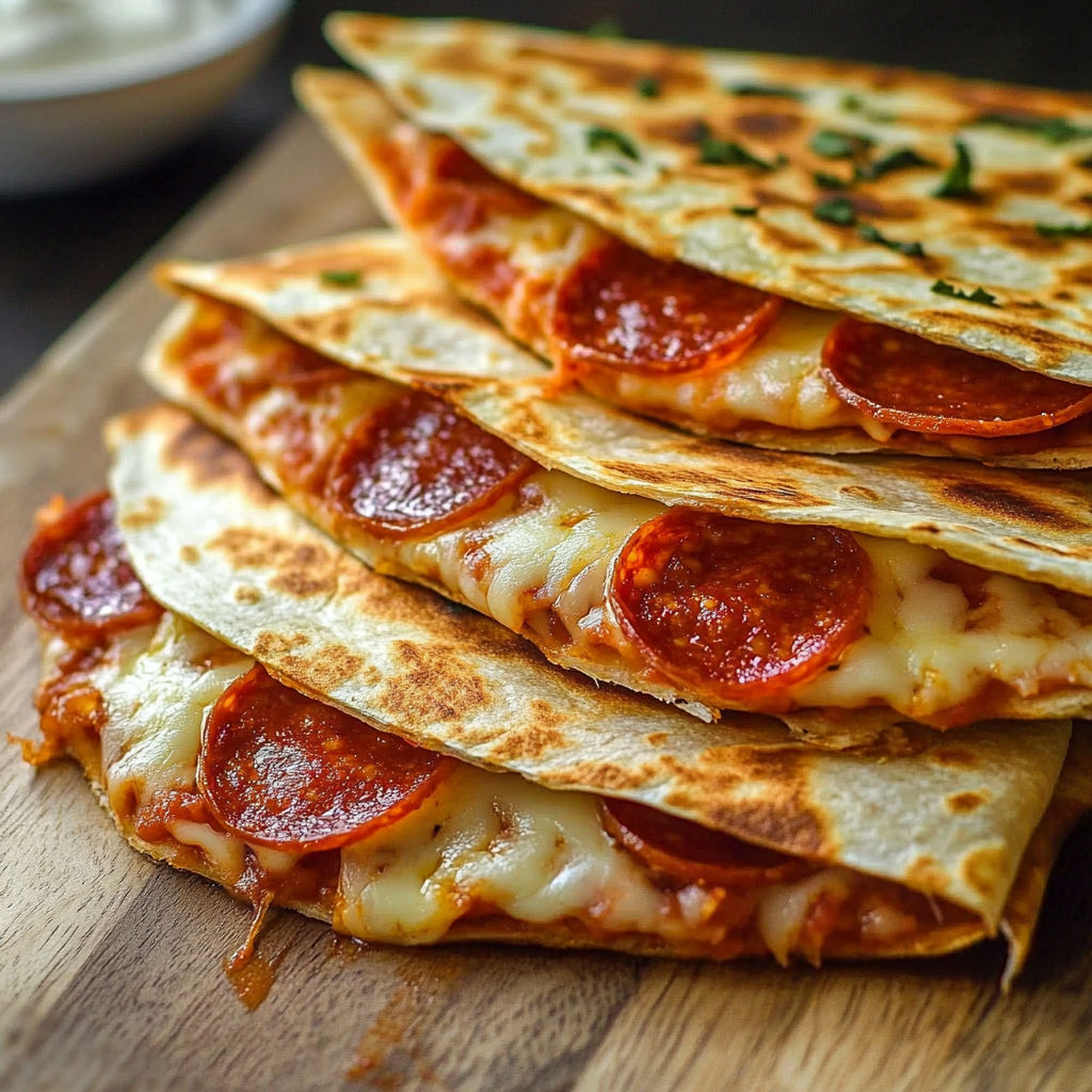A stack of pepperoni pizza sandwiches on a wooden cutting board.