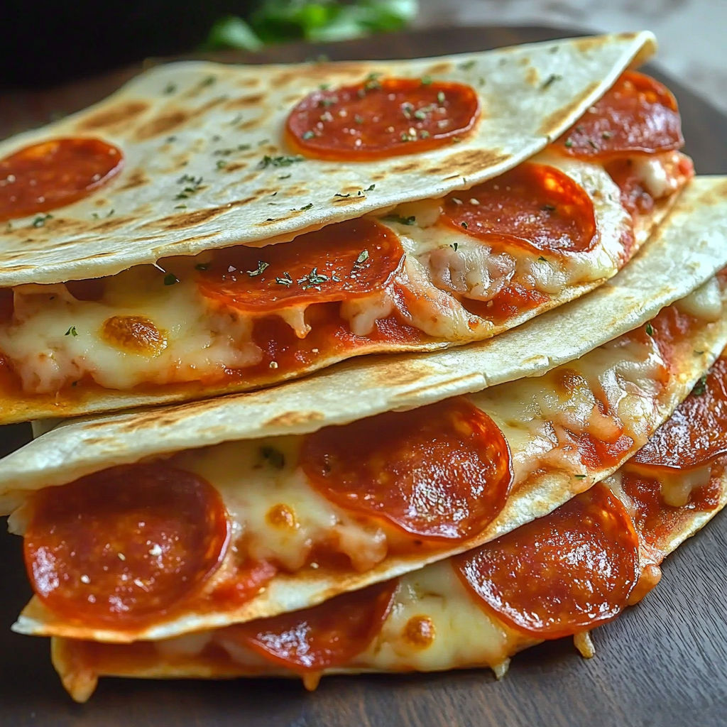A stack of three pepperoni pizza sandwiches on a wooden table.