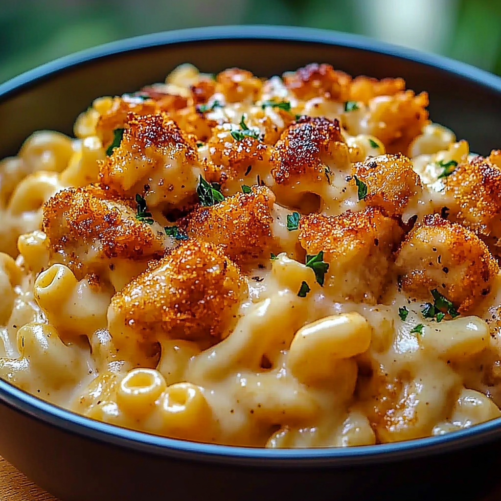 A bowl of creamy honey pepper chicken mac and cheese.