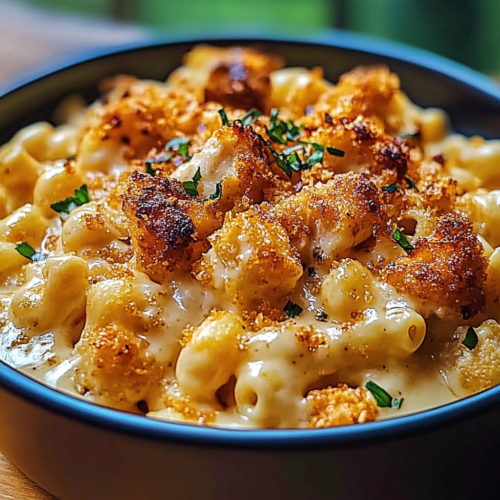 A bowl of macaroni and cheese with a sprinkle of bacon bits on top.