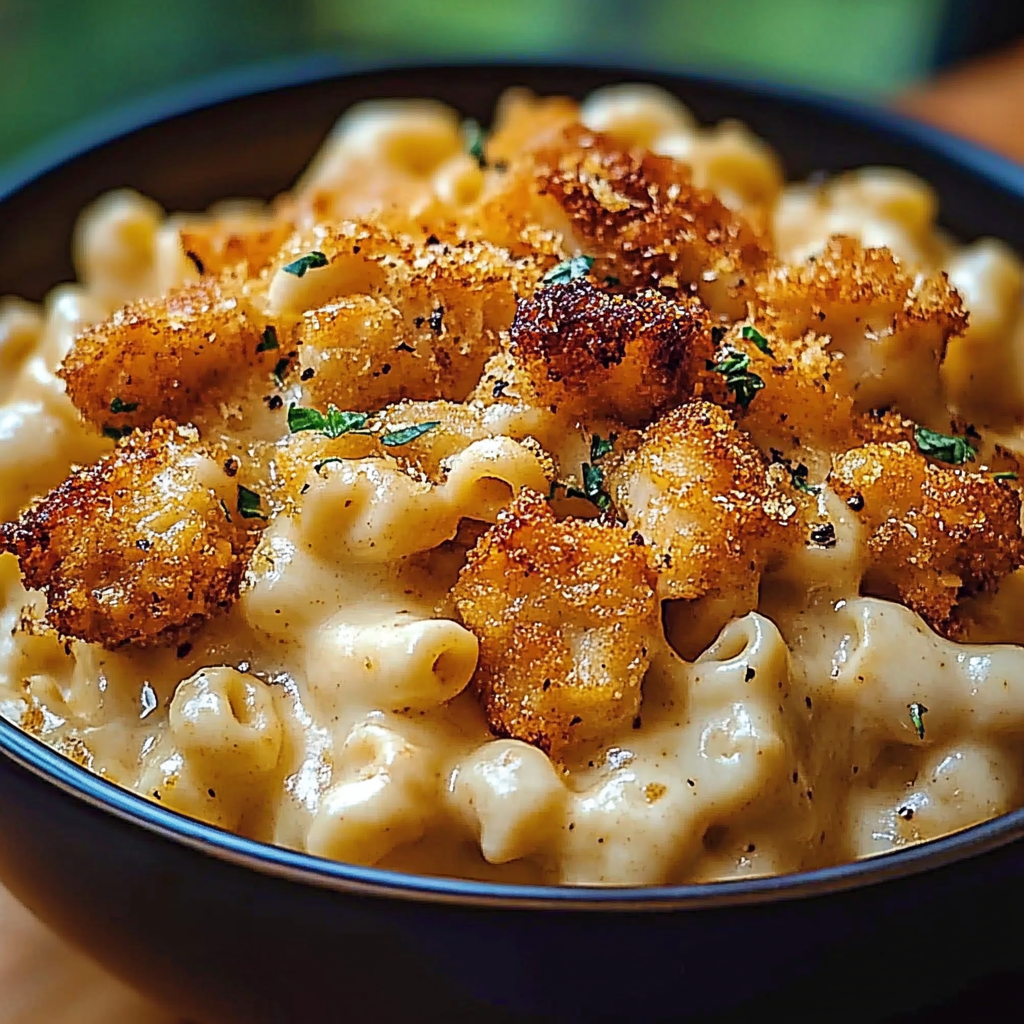 A bowl of macaroni and cheese with a generous amount of bacon bits on top.