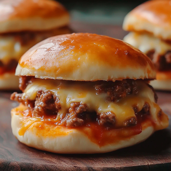 A close up of a delicious burger with cheese and tomato sauce on a wooden table.
