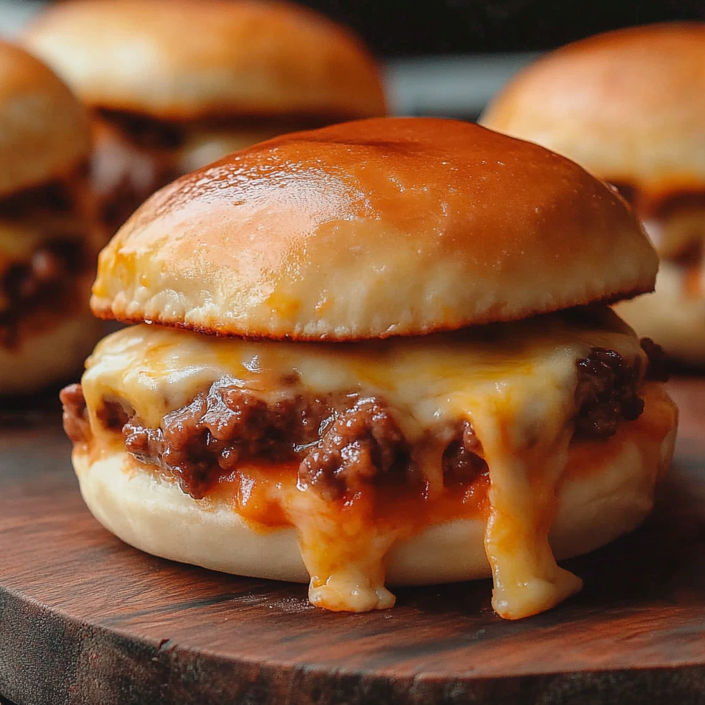 A close up of a delicious burger with cheese and sauce on a wooden table.