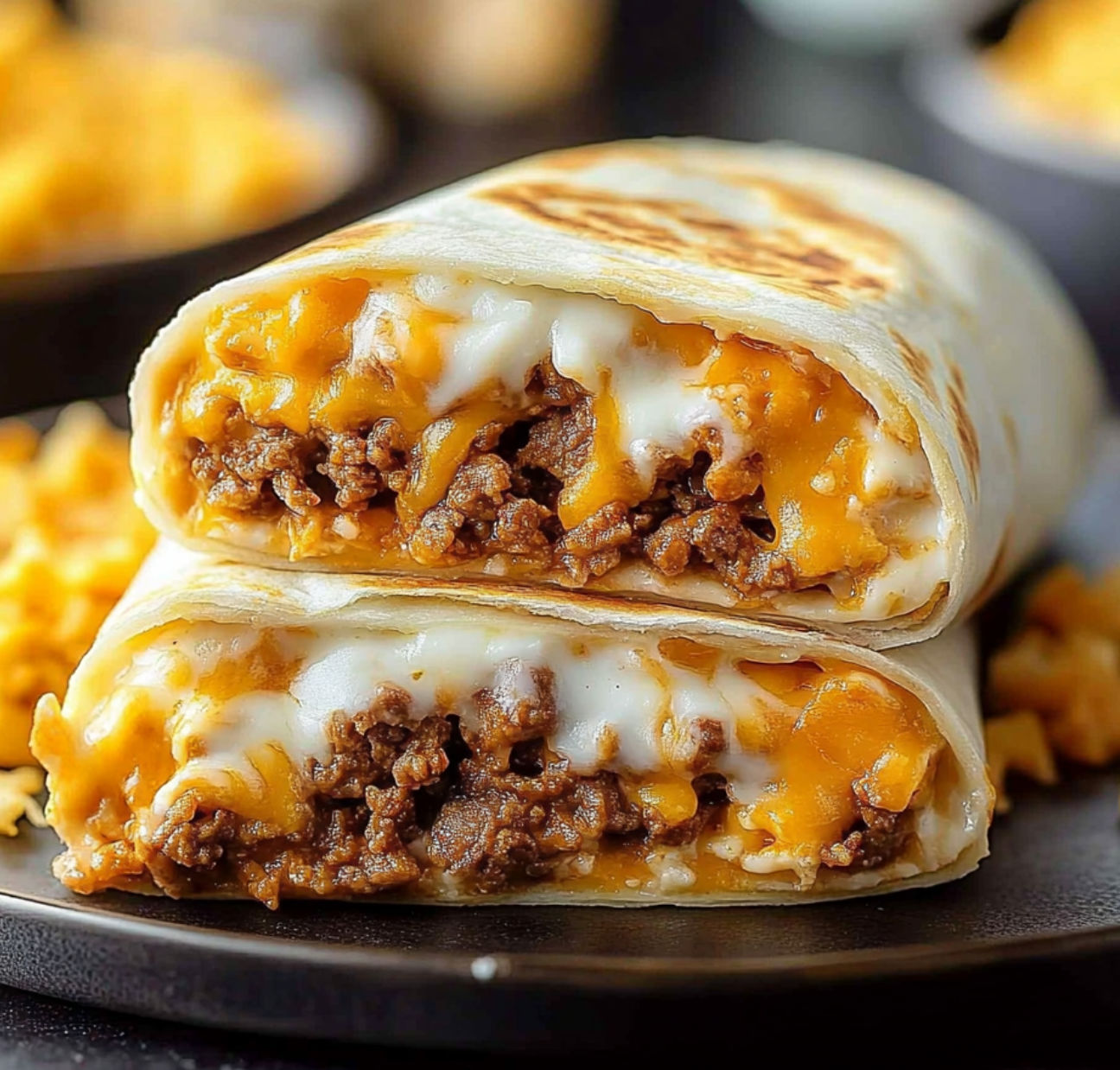 A close up of a delicious Taco Bell Beefy Melt Burrito.