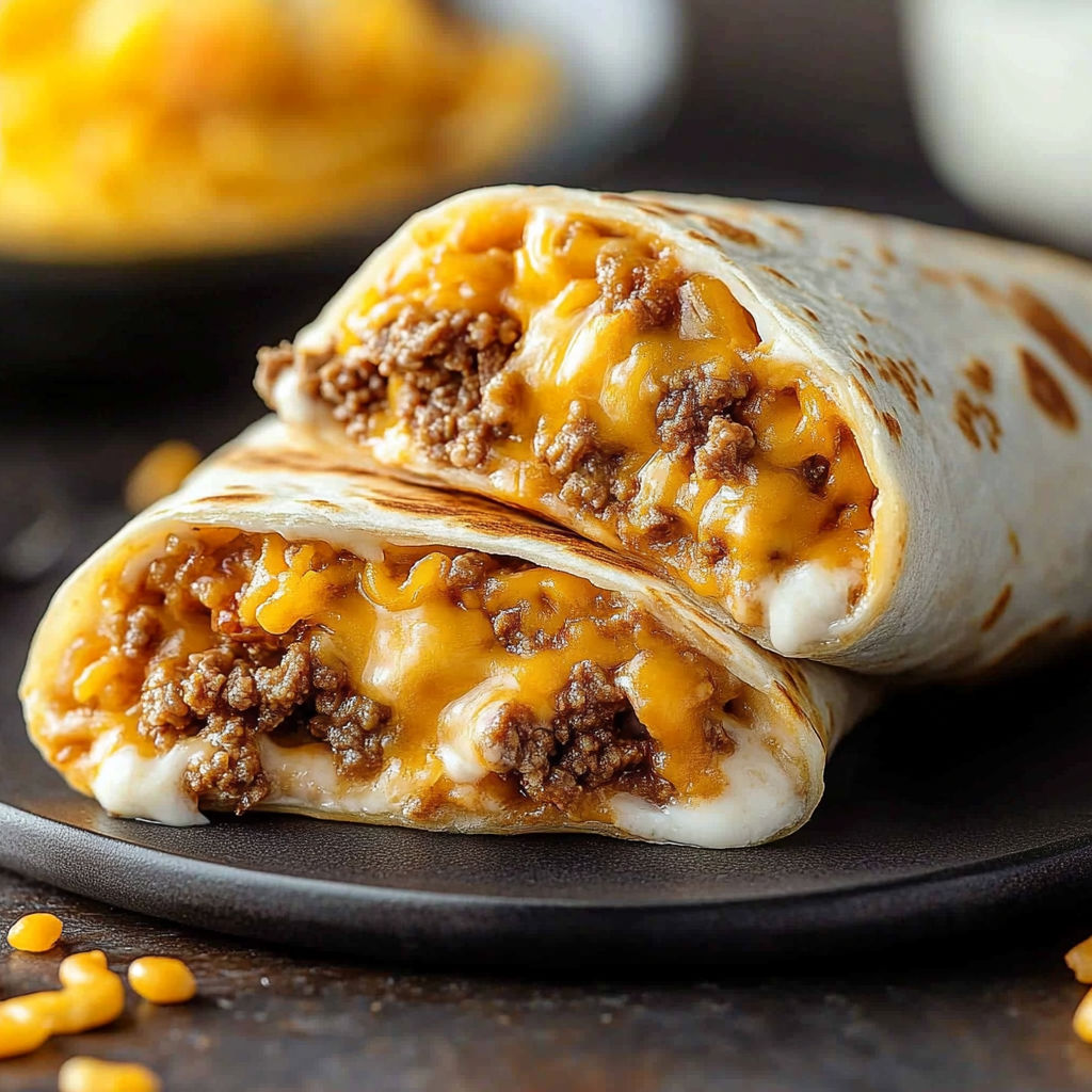 A delicious burrito filled with meat and cheese is served on a black plate.