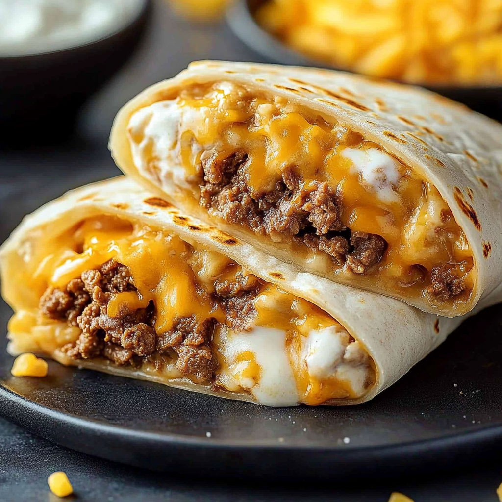 A delicious burrito filled with meat and cheese, ready to be enjoyed.