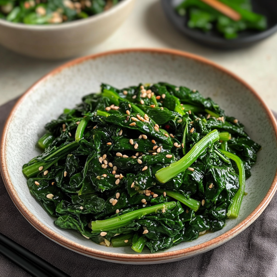 A bowl of Korean Spinach Side Dish (Sigeumchi Namul) is served on a dining table.