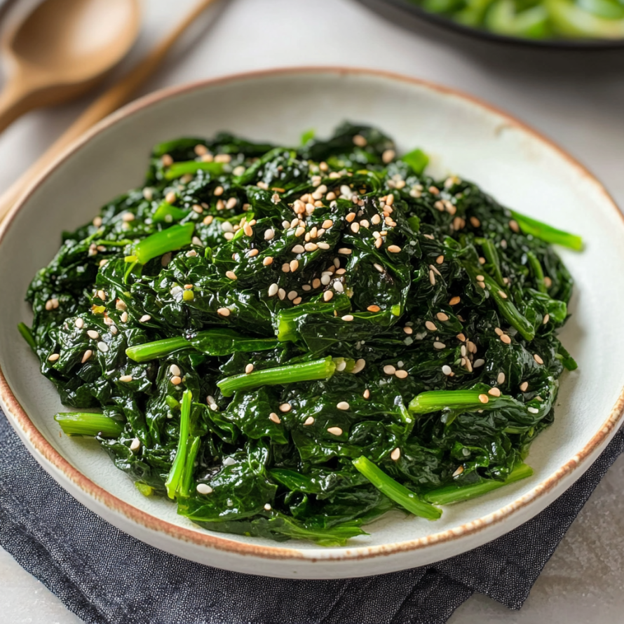 A bowl of Korean Spinach Side Dish (Sigeumchi Namul) with green vegetables and sesame seeds.
