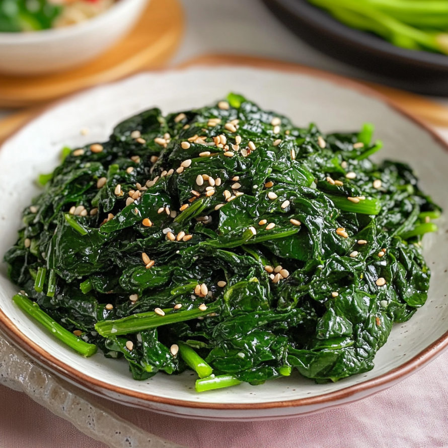 A plate of spinach with sesame seeds on top, served as a side dish.
