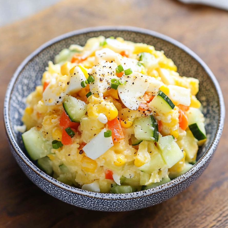 A bowl of food with a variety of vegetables, including corn, cucumbers, and carrots, is presented on a wooden table. The dish appears to be a healthy and colorful salad, possibly a recipe called "Corn and Vegetable Salad.