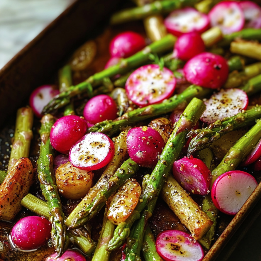 A dish of roasted asparagus and radishes with mustard vinaigrette.
