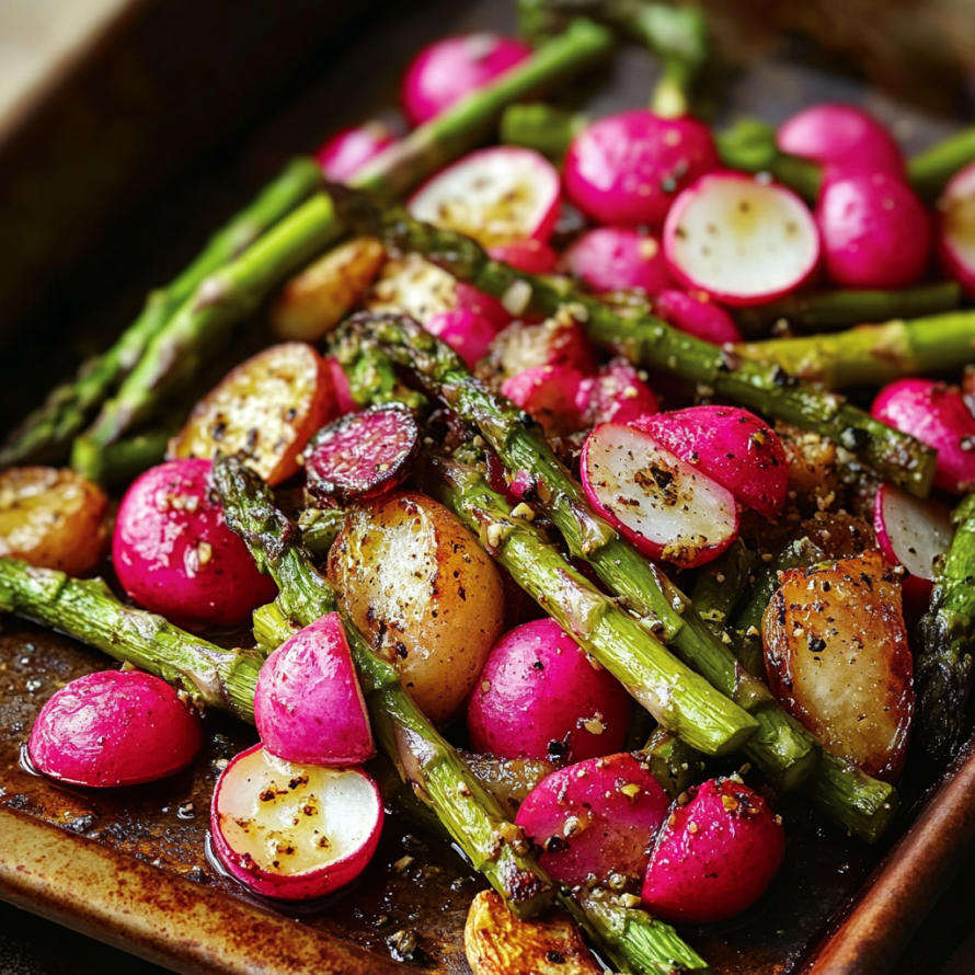 A dish of asparagus and potatoes with a sauce, possibly a roasted vegetable dish.