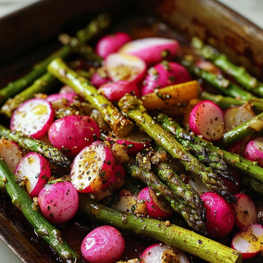A dish of vegetables, including asparagus and radishes, is served in a bowl.