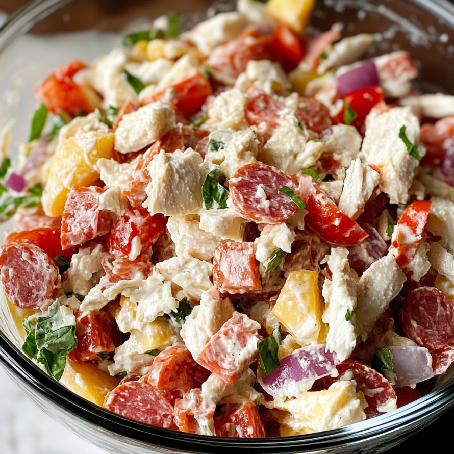 A bowl of mixed vegetables and meat, including tomatoes, onions, and peppers, with a creamy sauce.