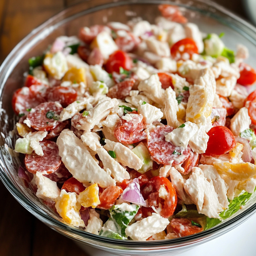 A glass bowl filled with a mixture of chicken, tomatoes, and lettuce, possibly a salad or a chicken dish.