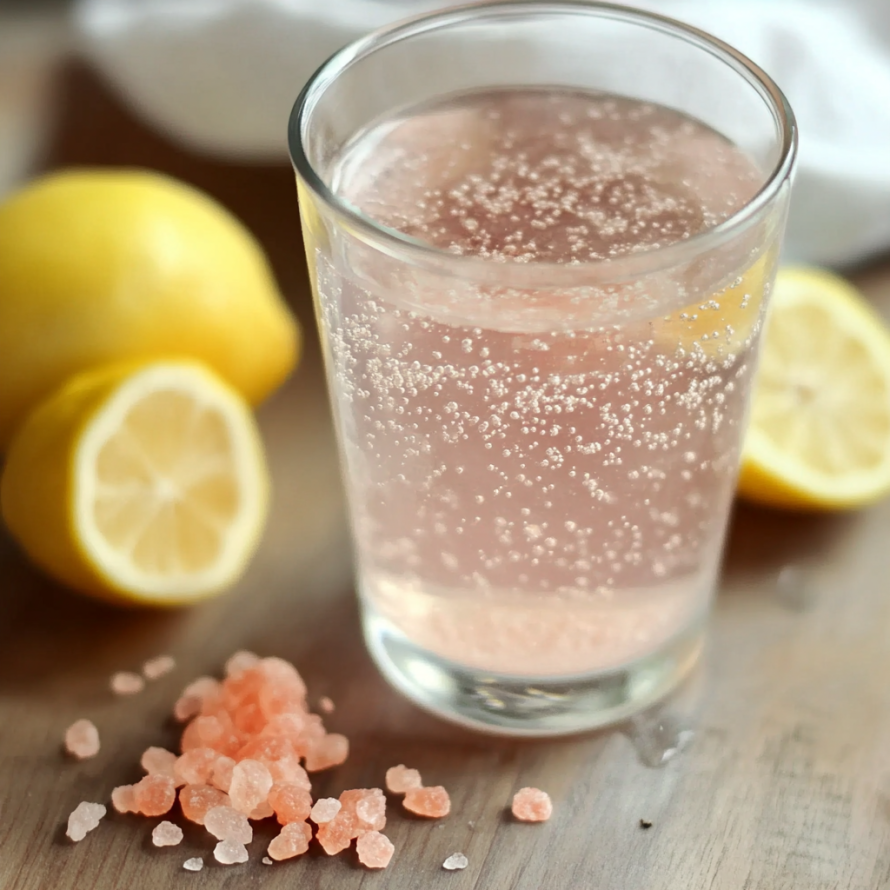 A glass of pink lemonade with a lemon wedge and a sprinkle of sugar on a wooden table.
