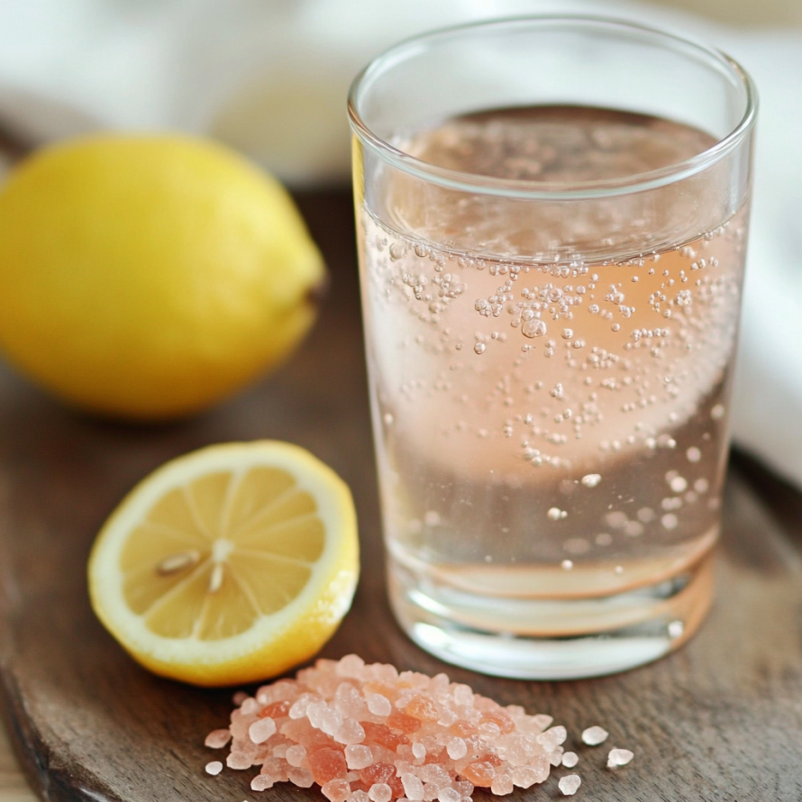 A glass of pink lemonade with a slice of lemon on a wooden table.