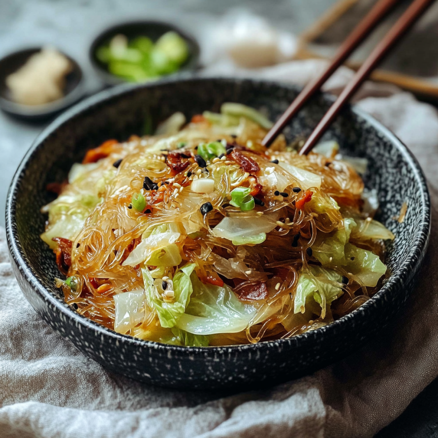 A bowl of Asian noodles with vegetables and sauce, accompanied by chopsticks.