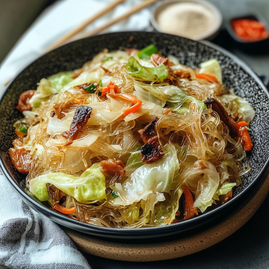 A bowl of Asian noodles with vegetables and meat, served with a side of chopsticks.
