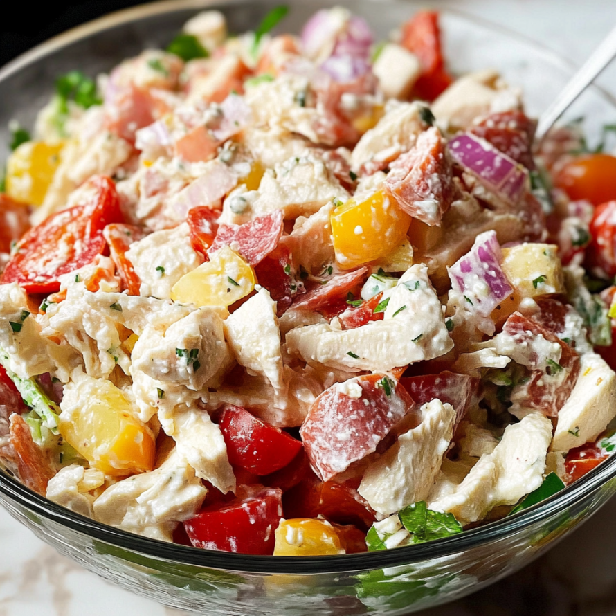A bowl of Italian Grinder Chicken Salad, featuring a mix of chicken, tomatoes, onions, and herbs.