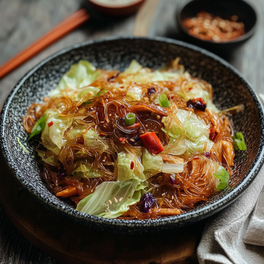 A bowl of Cabbage Glass Noodles Stir Fry with a side of chili.