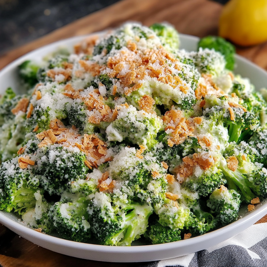 A bowl of Broccoli Mountain Super Caesar Salad, topped with cheese and croutons.