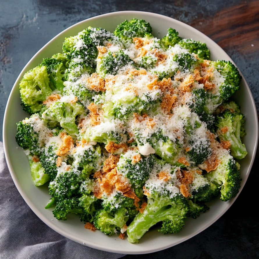 A bowl of broccoli with cheese and crispy bacon bits.