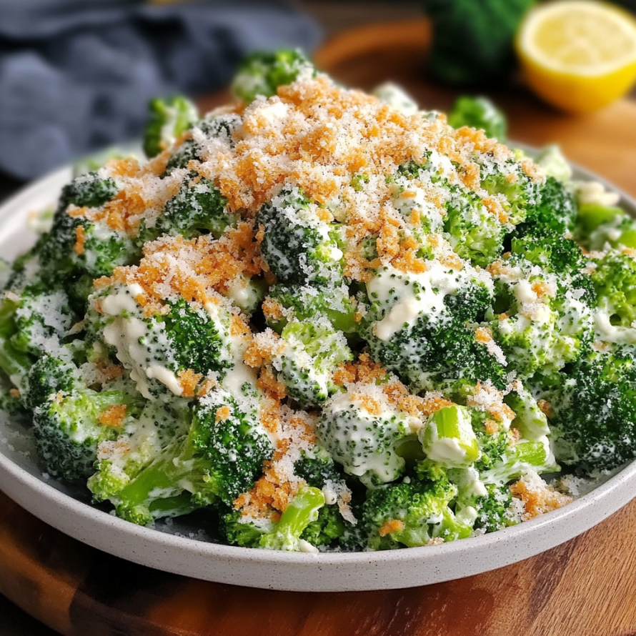A bowl of broccoli with cheese and lemon on a wooden table.
