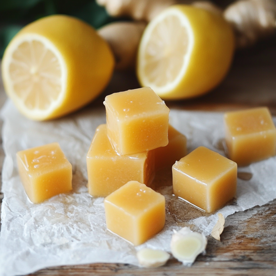 A close up of a lemon wedge and a square of lemon candy.