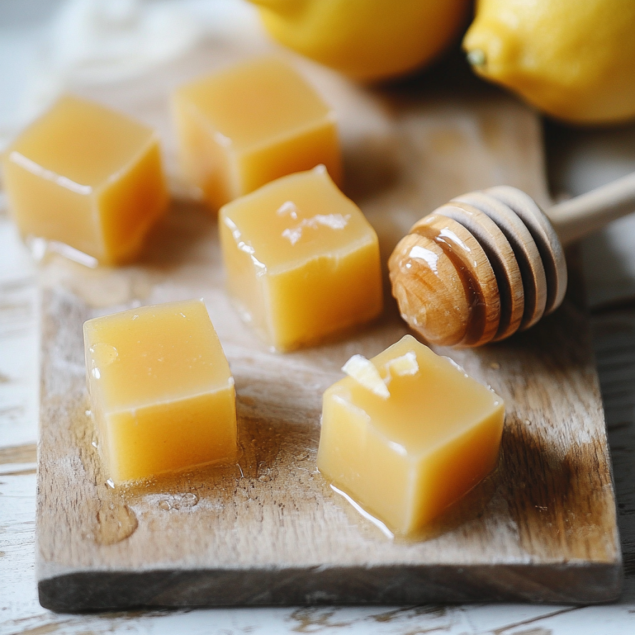 A wooden cutting board with honey dripping from it and a lemon wedge on it.