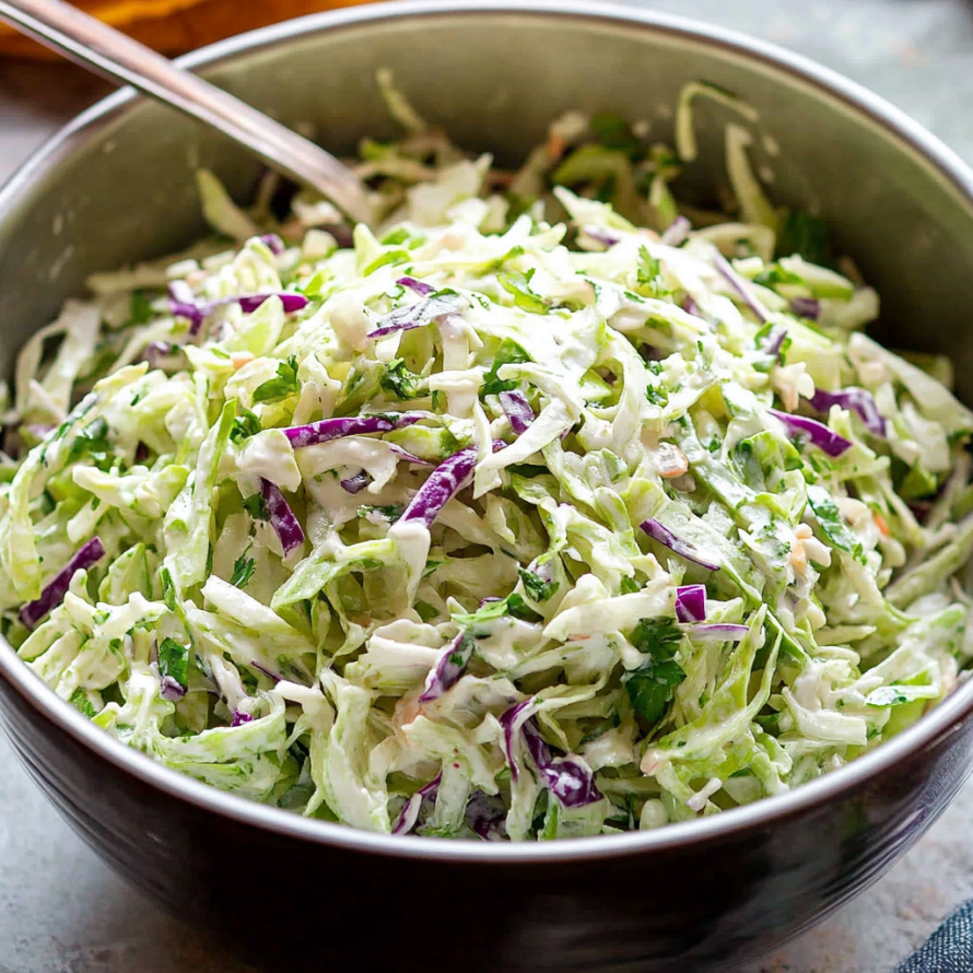 A bowl of coleslaw with a spoon inside.