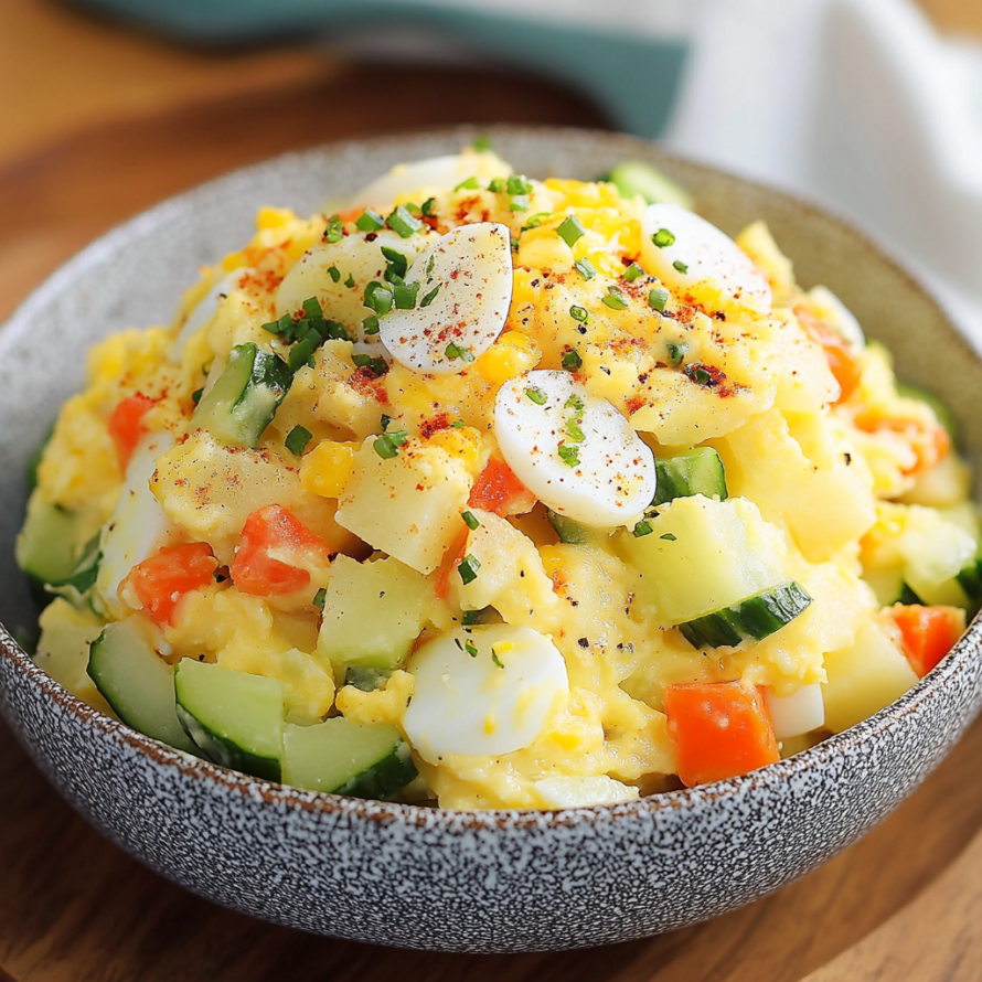 A bowl of Korean Potato Salad is filled with a variety of vegetables, including cucumbers, carrots, and eggs.