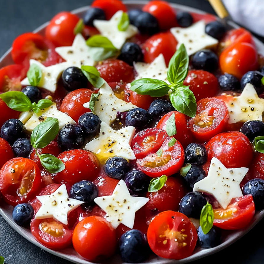 A dish of Caprese salad with tomatoes and blueberries.